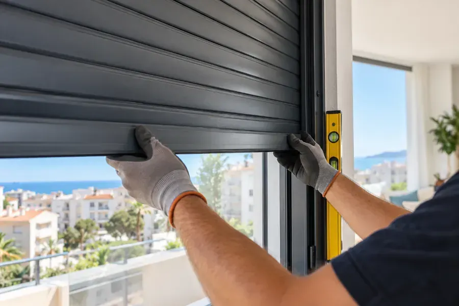 Técnico ajustando una persiana de aluminio gris antracita recién montada en un piso con vistas al mar